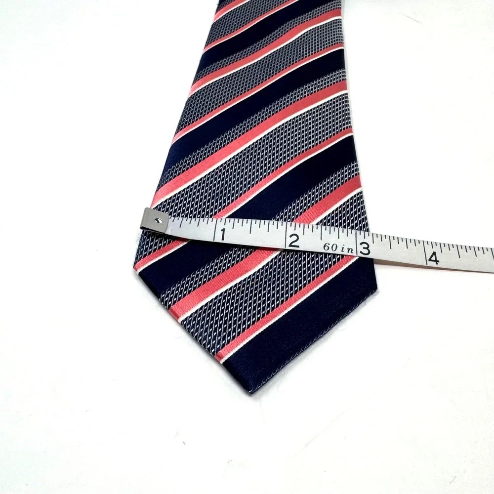 Countess Mara Mens Silk Necktie Navy Blue Coral Pink White Striped Silk Tie